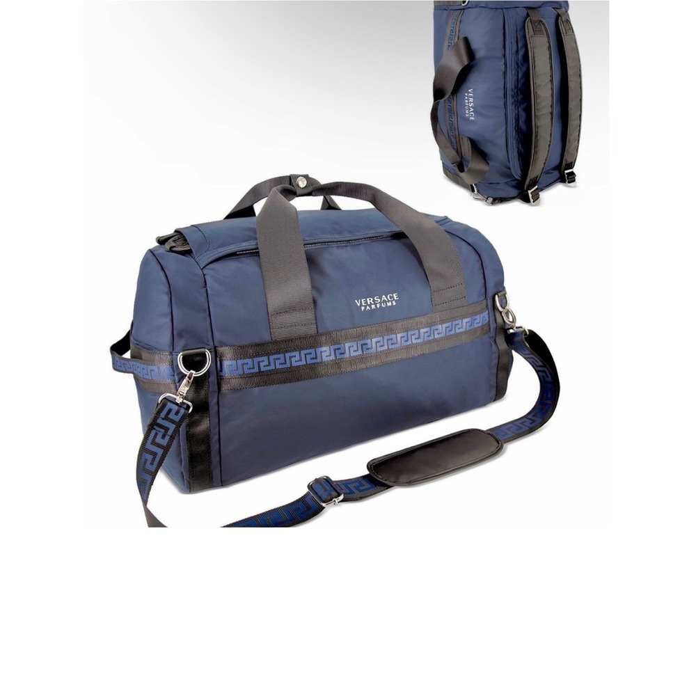 Versace Parfums Navy Blue Nylon Duffel Weekend Bag Greca Pattern Backpack Straps